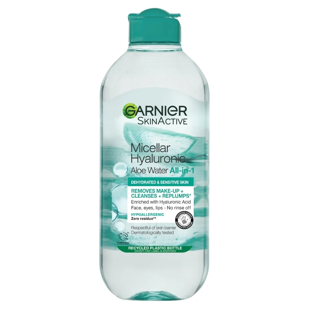 Garnier Micellar Hyaluronic Aloe Cleansing Water For Dehydrated Skin 400ml, Replumping Cleanser & Makeup Remover, Recognised By The British Skin Foundation, Use With Reusable Micellar Eco Pads
