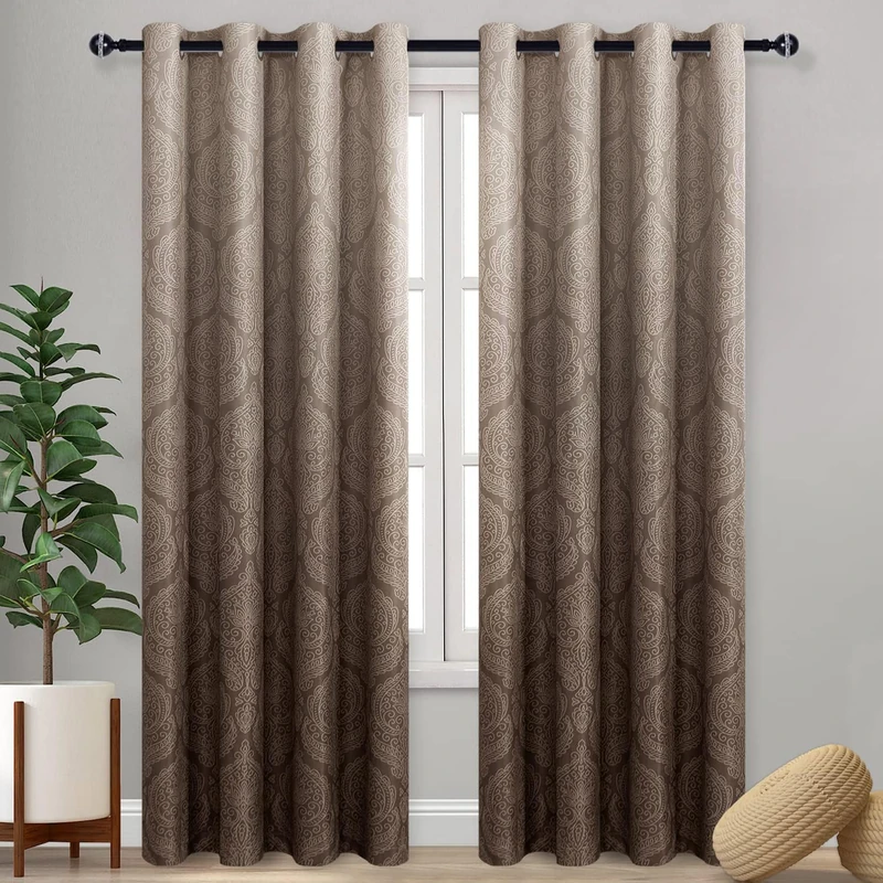 DWCN Ombre Blackout Curtains for Bedroom - Damask Patterned Thermal Insulated Energy Saving Grommet Curtains for Living Room, Set of 2 Gradient Window Curtain Panels, 52 x 84 Inches Long, Brown