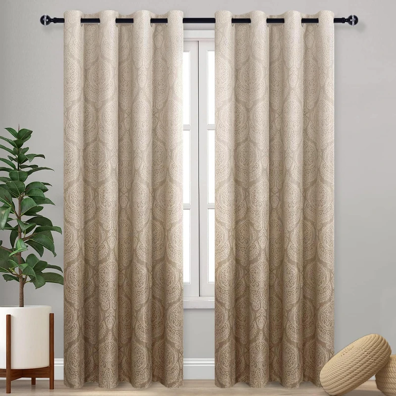 DWCN Blackout Curtains for Bedroom Living Room Damask Printed Thermal Insulated Energy Saving Grommet Curtains for Living Room, 52x84 Inch, Taupe, 2 Panels