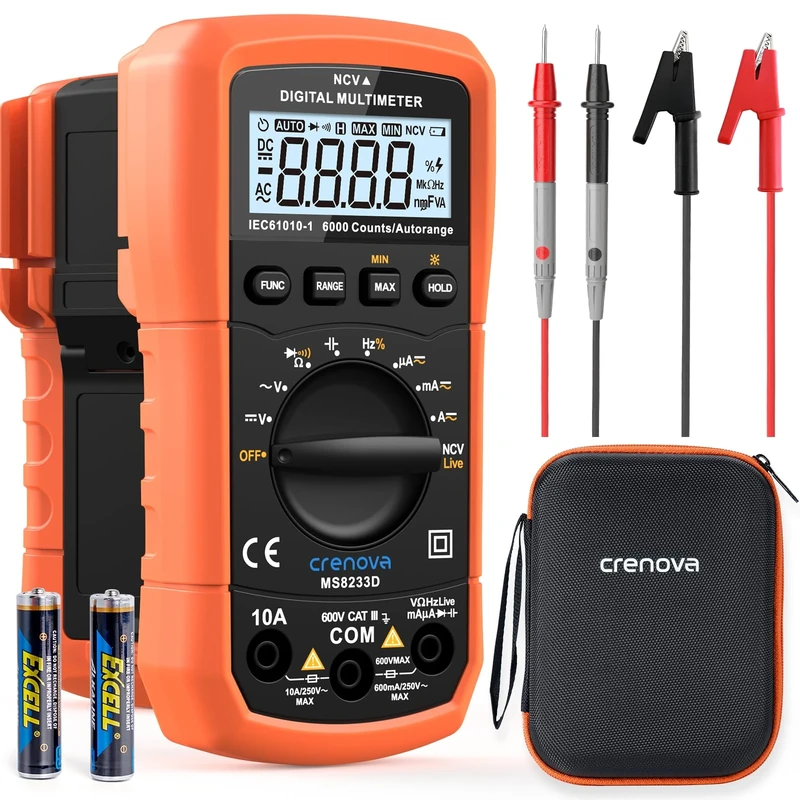 Crenova MS8233D Digital Multimeter 6000 Counts Multi Tester Voltmeter Ammeter Ohmmeter Measures Voltage Current Resistance Capacitance Continuity Diode Frequency NCV with Test Leads Backlight