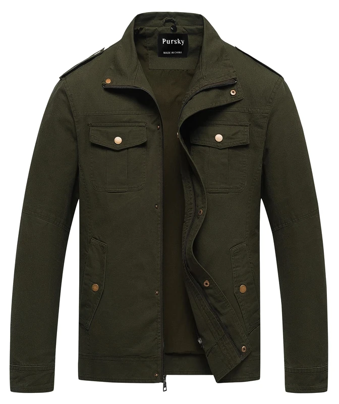 Pursky Men's Military Jacket Casual Washed Cotton Hooded Canvas Coat Fall Coat, Army Green, Medium