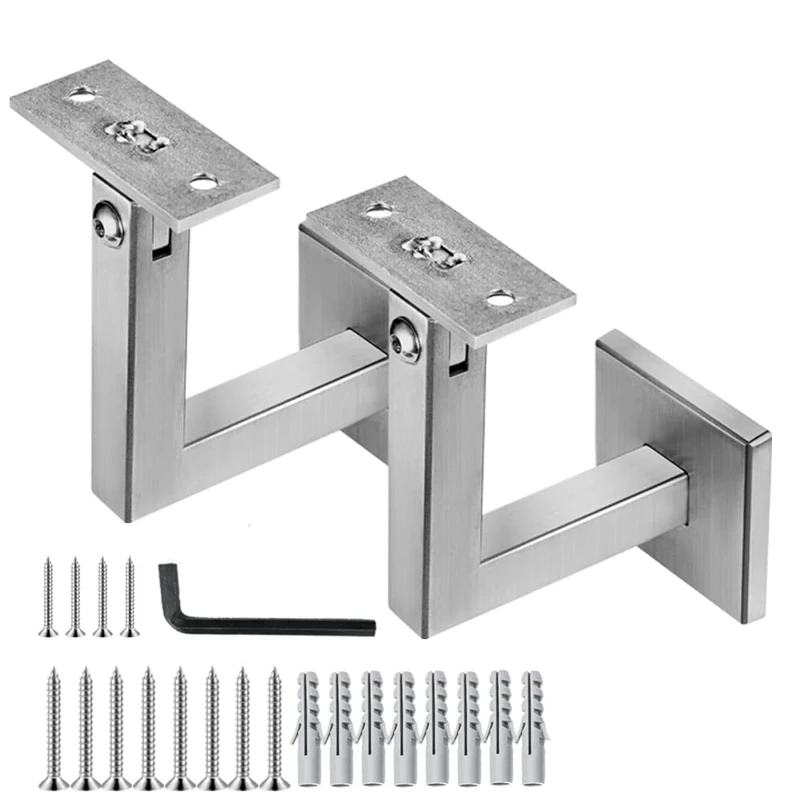 2 x 304 Stainless Adjustable Handrail Brackets, Heavy Duty Wall Square Brackets for Stair Handrail Flat Balusters with Base Cover 2pcs