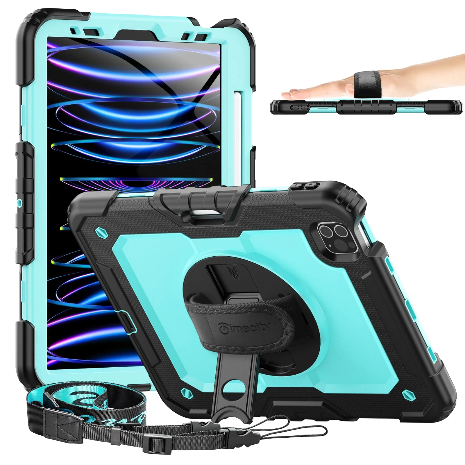 Timecity Case for iPad Pro 11 Inch(2022/2021/2020/2018), Shockproof Case with Screen Protector, Pencil Holder, Shoulder/Hand Strap, 360 Rotating Kickstand for iPad pro 11 Cover Kids- Light Blue