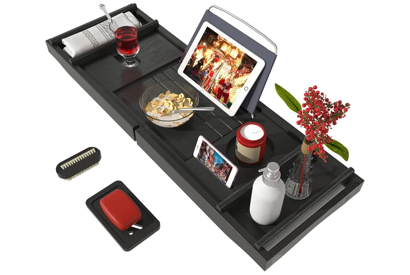 Bamfan Bath Caddy Tray for Bathtub - Bamboo Adjustable Organizer Tray for Bathroom with Free Soap Dish Suitable for Luxury Spa or Reading, Brown,black