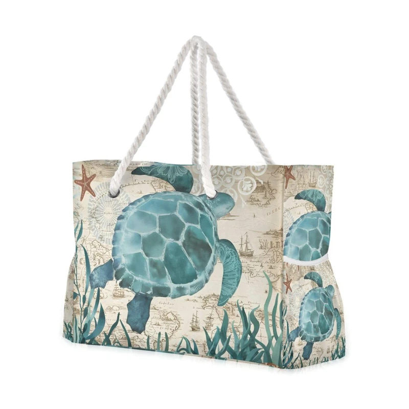 senya Large Beach Bags Totes Canvas Tote Shoulder Bag Sealives Sea World Water Resistant Bags for Gym Travel Daily, Sea Turtle Starfish, One Size