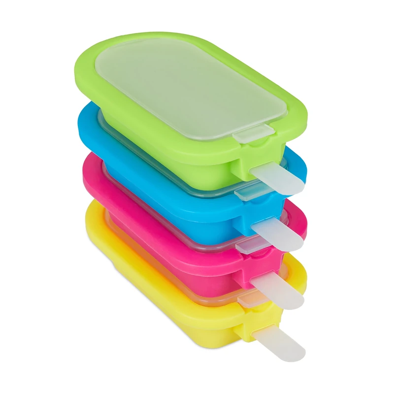 Relaxdays Ice Cream Moulds, 4 Popsicles, 70 ml, DIY Sticks, BPA-Free, Ice Cream Maker, Silicone, Green/Blue/Pink/Yellow