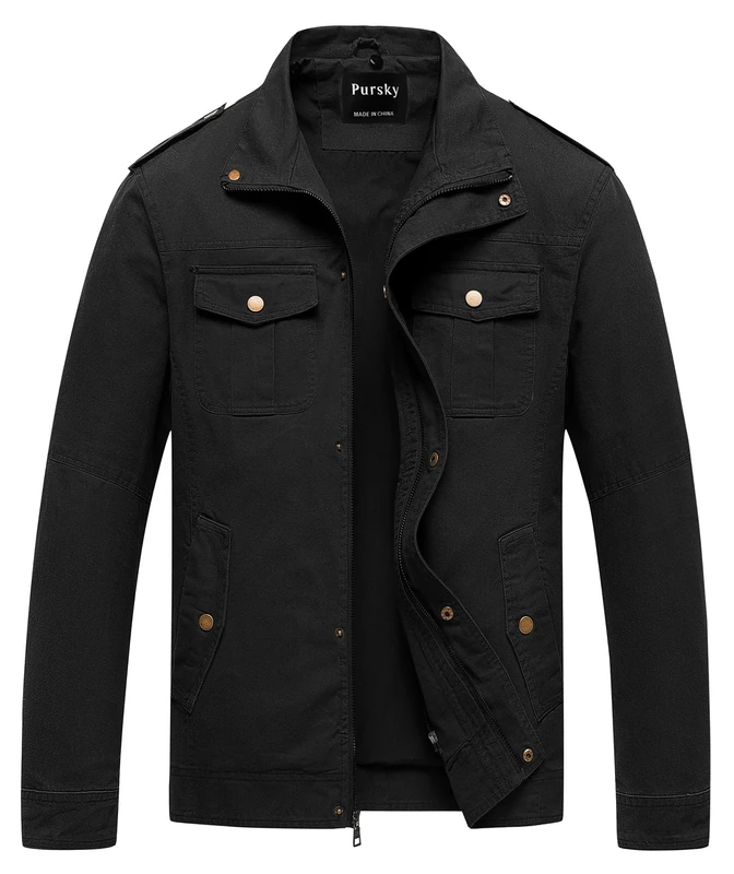Pursky Men's Military Jacket Casual Washed Cotton Hooded Canvas Coat Fall Coat, Black, XL