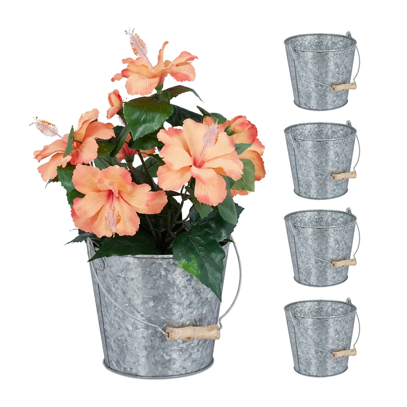 Relaxdays Zinc, Set of 5, Galvanised Metal Bucket, Flower Planter, Plant Pot, Kitchen, Balcony & Garden, Silver, Iron, 15 x 17 x 18 cm