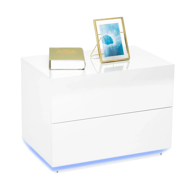 Meerveil Bedside Table, LED Bedside Cabinet with 2 Drawers High Gloss with USB Light 60x39x45cm for Bedroom Living Room, White