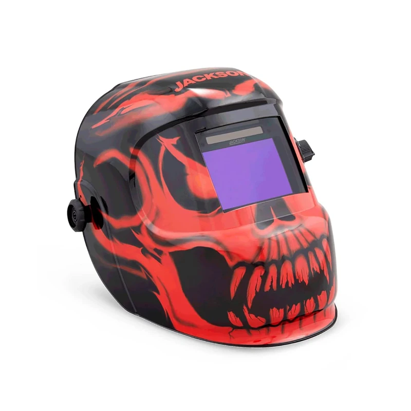 Jackson Safety Premium Auto Darkening Welding Helmet Mask with 4/9-13 Shade Range, 1/1/1/2 Optical Clarity, 1/25,000 sec. Response Time, 370 Speed Dial Headgear, Bead Demon Graphics, Red/Black, 47105 - Image 1