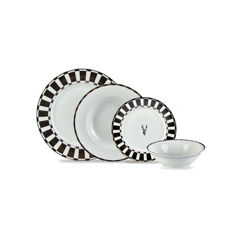 Karaca Aries 24-Piece Dinner Set for 6 People, Black & White Bone China Dinnerware Sets, Scratch & Crack Resistant, Luxury Plate Set with Checkered Design