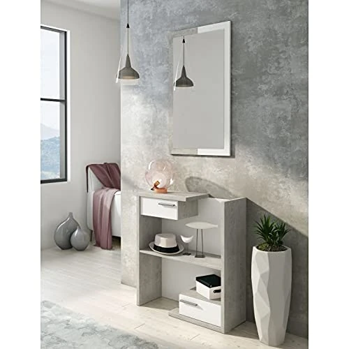 Dmora - Hallway furniture with mirror, entrance hall with drawers, Pocket emptier for small apartments, cm 80x28h170, White and Cement color