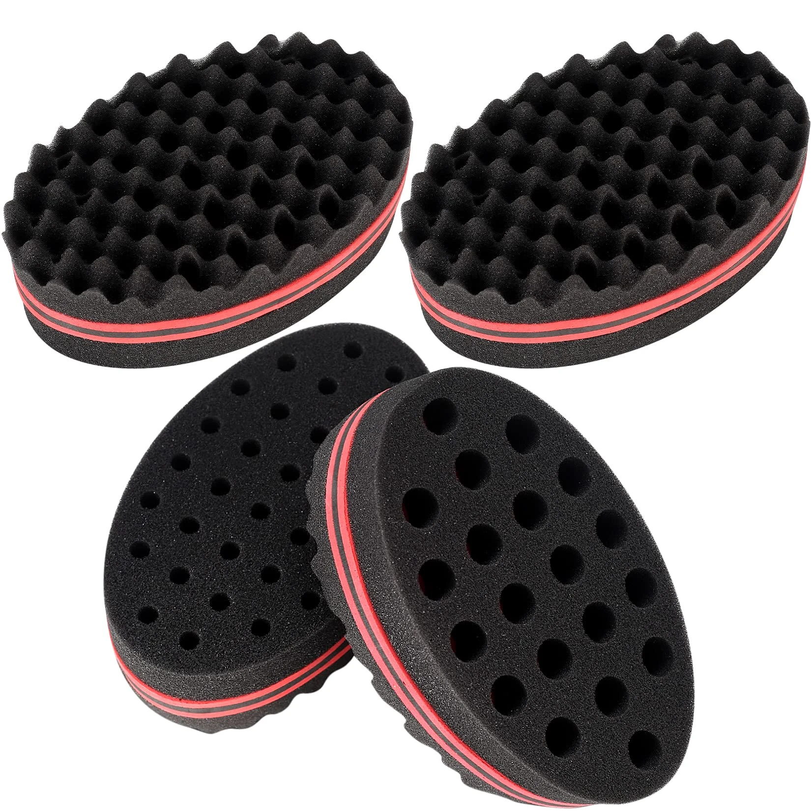 4 Pcs Big and Small Holes Hair Sponge Brushes, Afro Coils Hair Curls Brushes, Barbers Wave Twist Sponge Brush, Double Sides Hairbrushes for Twists and Dreads, Home and Barber