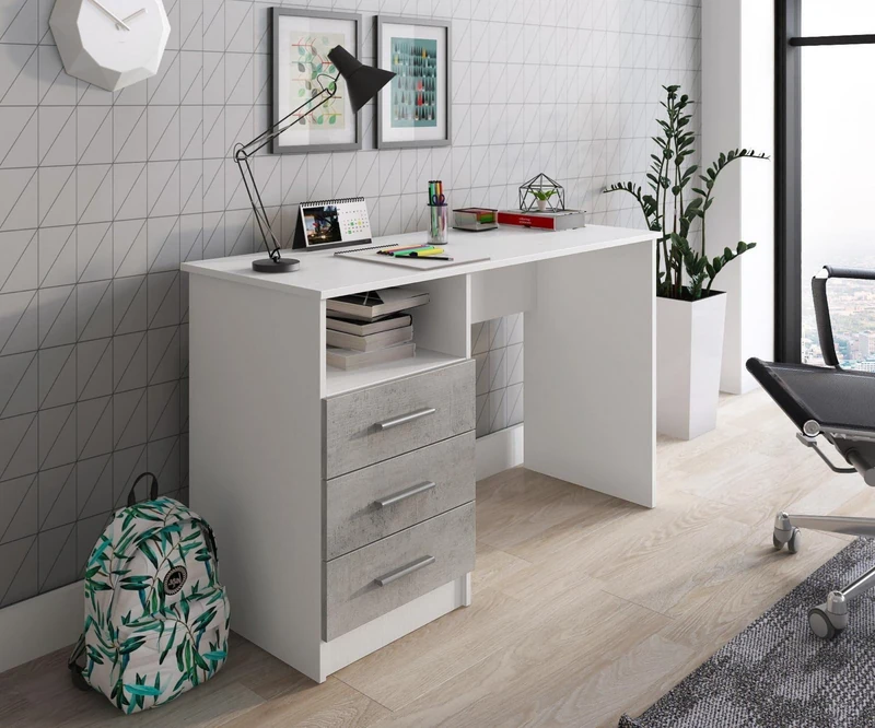 DMORA - Linear desk for office and study with 3 drawers, Minimal computer table, Desk for work, 120x48h75 cm, White and Cement color