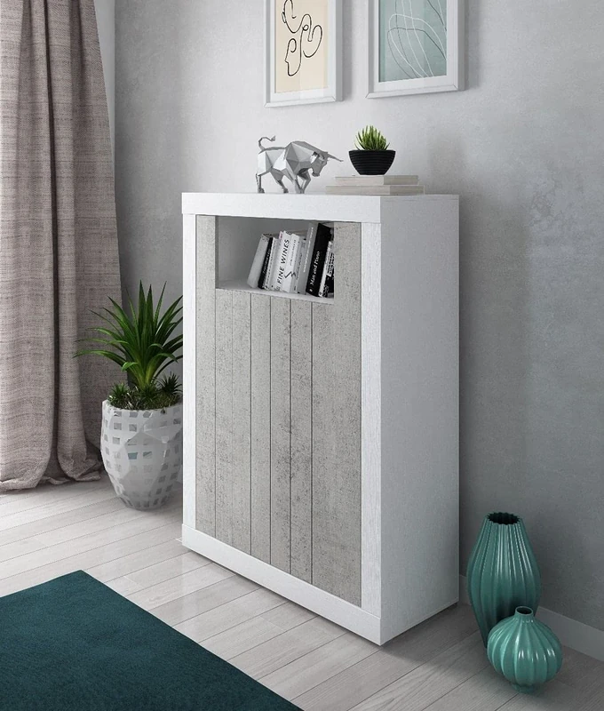 Dmora - Modern design high sideboard with 2 doors and shelves, Kitchen Buffet, Sideboard with shelves and shelves, 105x42h143 cm, White and Cement color