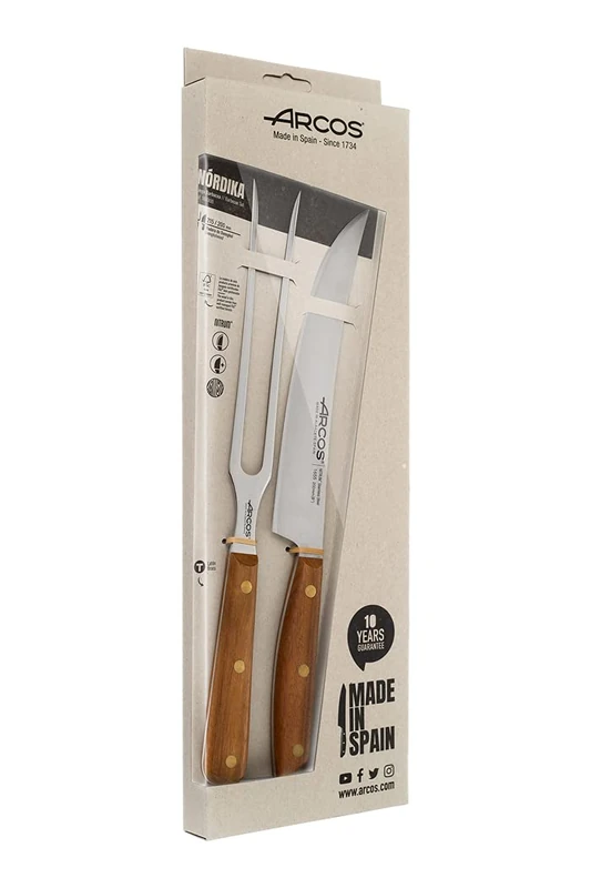 Arcos Serie Nordika - Set 2 Barbecue Utensils (Barbecue Knife + Carving Fork) - Stainless Steel Nitrum - Ovengkol Wood Handle 100% Natural FSC - 100% Recycled Packaging