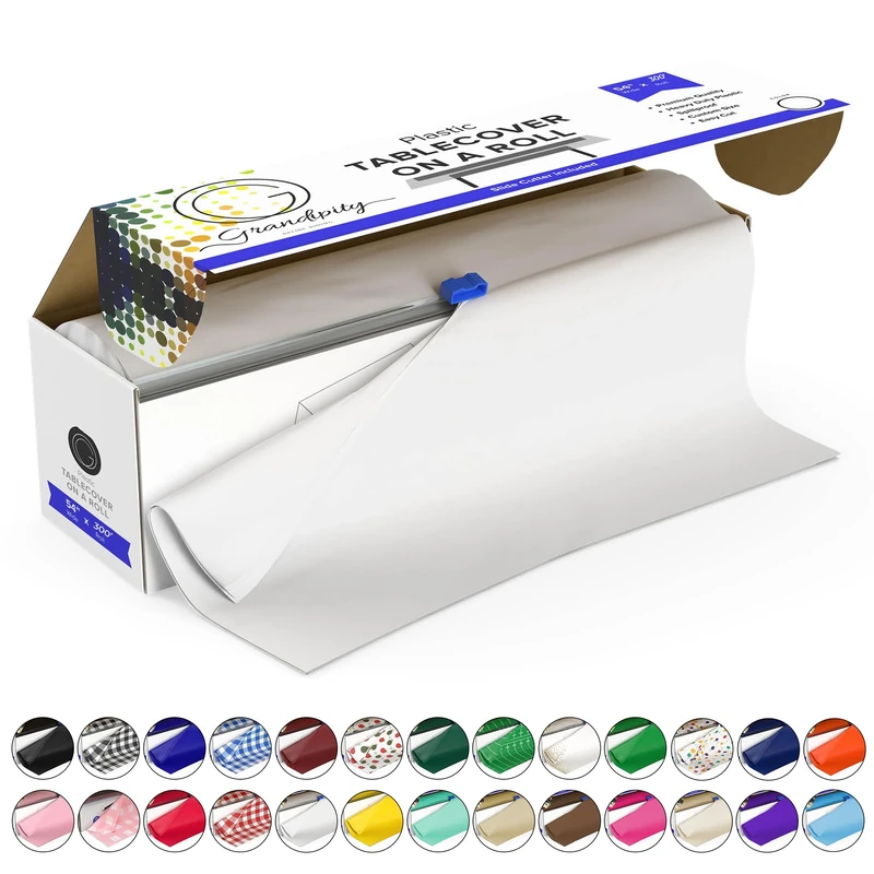 Grandipity Plastic Tablecloth Roll - 54" x300' White Plastic Table Cloths for Parties Disposable with Cutter Box - Cut to Size Disposable Tablecloth Plastic Table Cover for Rectangle & Round