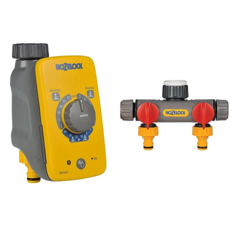 Hozelock Sensor Electronic water timer with daylight sensor that automatically waters daily, only at sunrise, sunset or both & Hozelock 2252 0000 2-Way Tap Connector