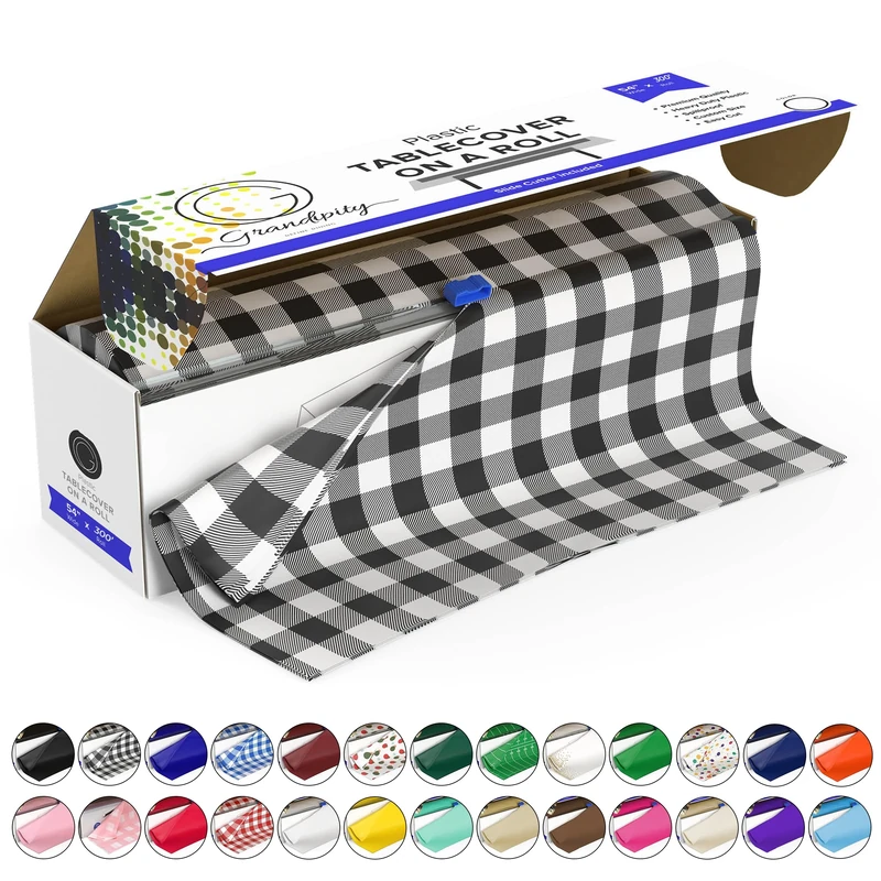 Grandipity Plastic Tablecloth Roll - 54" x 300' Black Gingham Plastic Table Cloths for Parties - Disposable with Cutter Box - Cut to Size Table Cover for Rectangle & Round