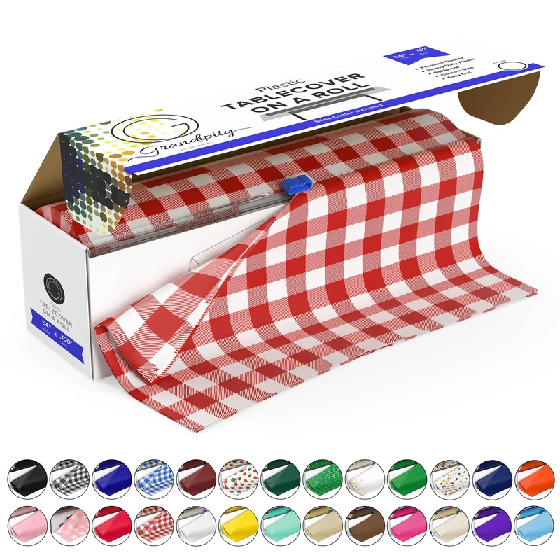 Grandipity Plastic Tablecloth Roll - 54" x300' Red Gingham Checkered Plastic Table Cloths for Parties | Disposable with Cutter Box - Cut to Size Disposable Plastic Tablecloth for Rectangle & Round