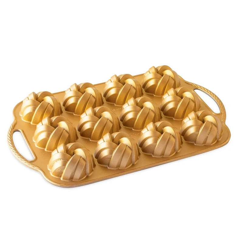 Nordic Ware Braided Mini Bundt Pan, Cast Aluminium Bundt Tin, Bundt Cake Tin with Braid Pattern, Cake Mould Colour: Gold
