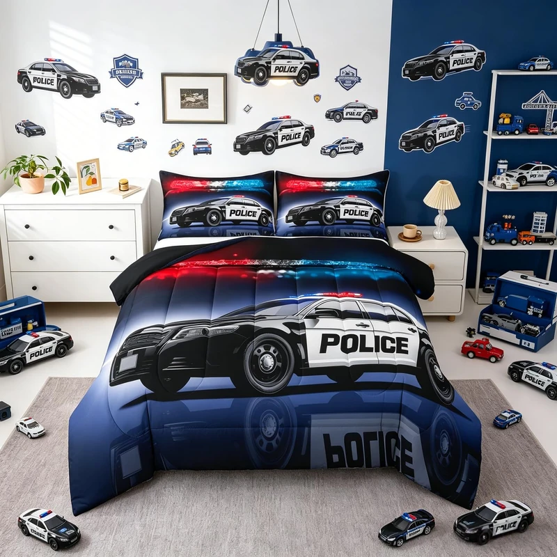 Erosebridal Police Car Comforter Sets Full Size,Policeman Vehicle Bedding Set for Kids Boys Children,Red Blue Cop Lights Down Comforter Geometric Graphics Duvet Sets Bedroom Decor with 2 Pillow Cases