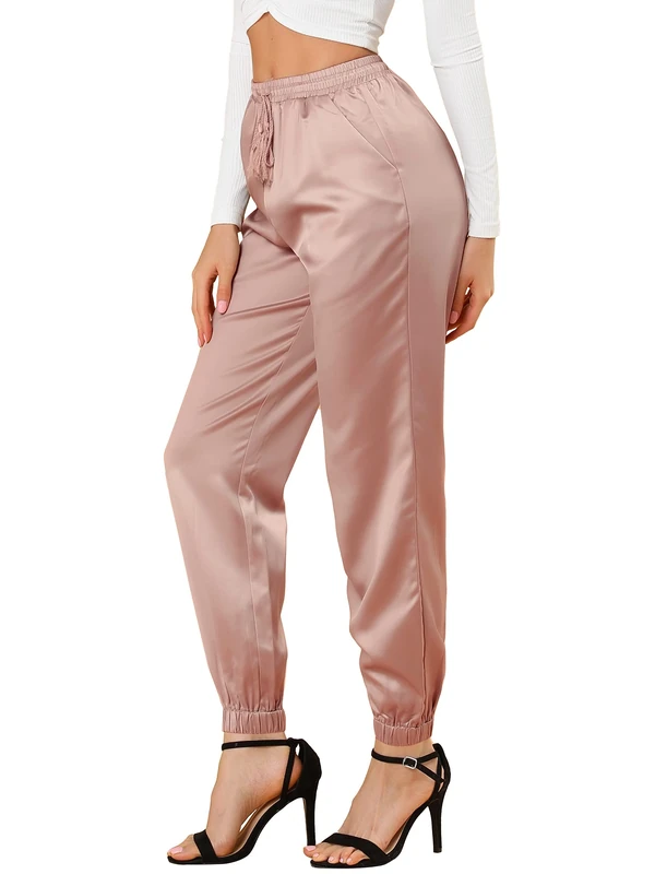 Allegra K Women's Drawstring Elastic Waist Athleisure Pants Ankle Length Satin Joggers with Pocket - Pink - S - Image 1