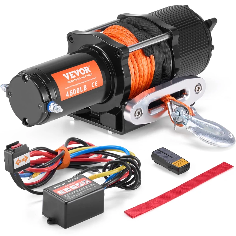 VEVOR Electric Winch ATV UTV Pull Capacity 2041kg/4500lbs 12V DC Synthetic Rope 12 Strand 0.6x119mm Cable Guide Wireless Remote Control Wired IP55 Waterproof ATV UTV Towing