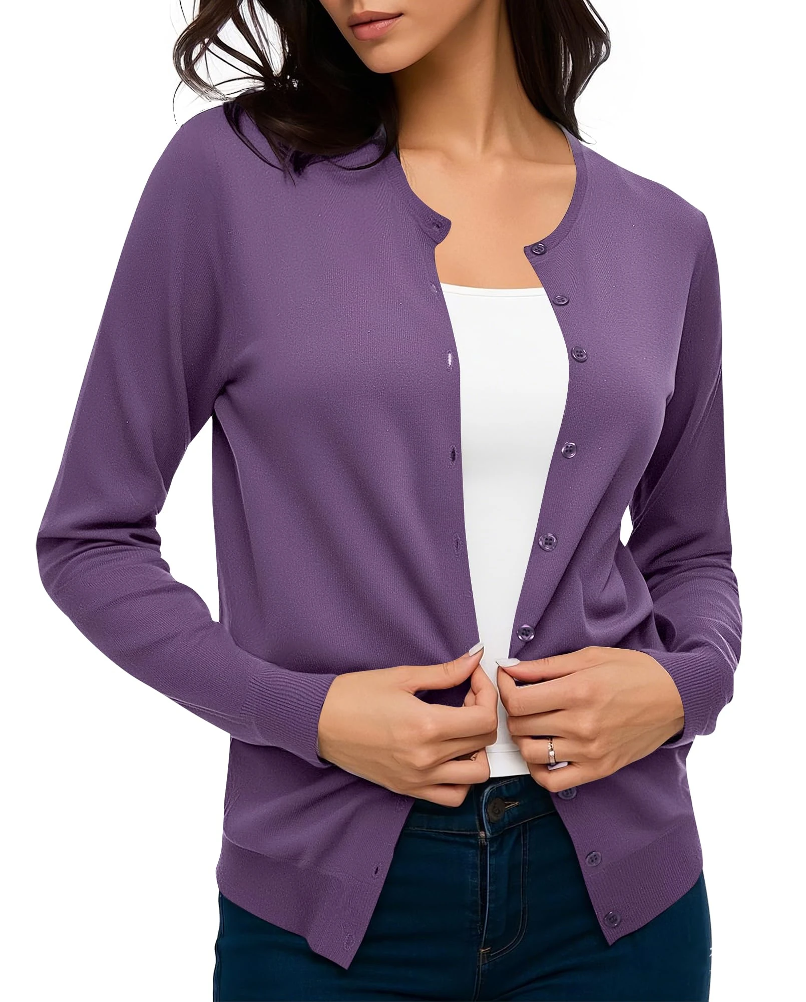 Urban CoCo Women's Long Sleeve Crew Neck Button Down Knit Cardigan Sweater, Purple, XL