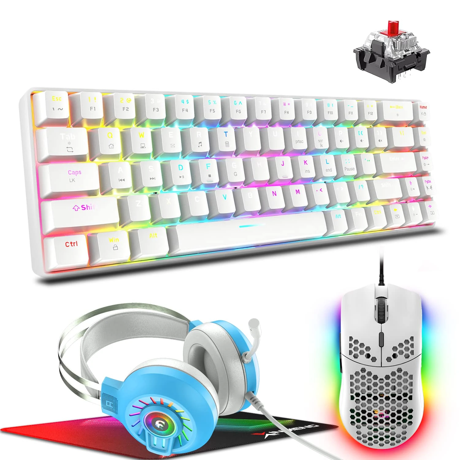 RX-2508 Gaming Keyboard and Mouse and Headset and Mouse pad Combo,60% Percent Mini Mechanical Keyboard,Lightweight Mice,PC Gaming Headphone Wired RGB Chroma Backlit Bundle 4 in 1-White/Red Switch