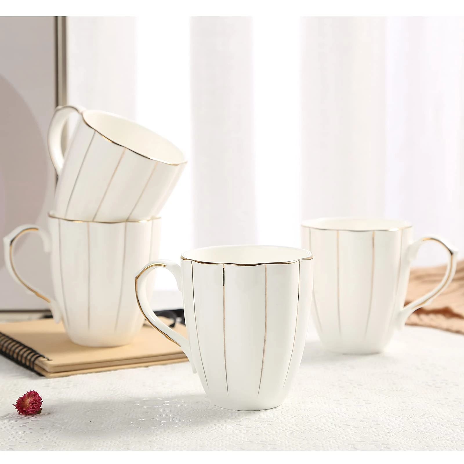 DUJUST Coffee Mug Set of 4(400ml), Luxury British Design with Handcrafted Golden Trims, 1st-Class Bone-China White and Gold Cup Set for Coffee, Tea&Milk, Beautiful&Graceful Top Fine Porcelain Cups
