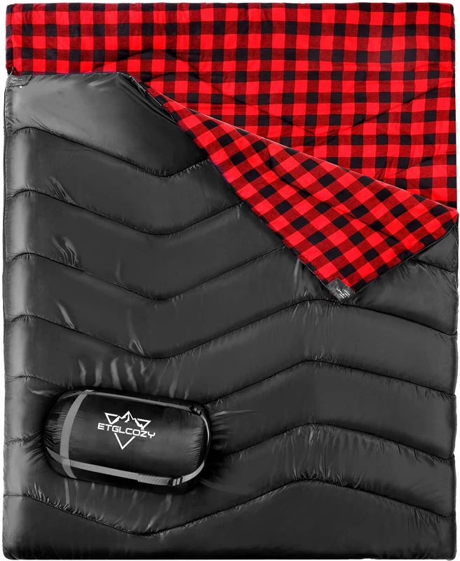 Double Sleeping Bag for Adults Kids Camping, XL Queen Size Sleeping Bag for All Season Hiking Backpacking, 2 Person Cotton Flannel Lightweight Waterproof for Cold Weather & Warm
