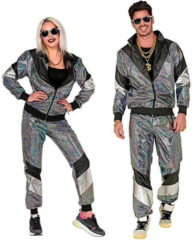 W WIDMANN MILANO Party Fashion - 80s Disco Style Jumpsuit Adult Unisex, 90s, Rap, Hip-Hop, Trap, Carnival, Theme Parties, Size XXL, Silver