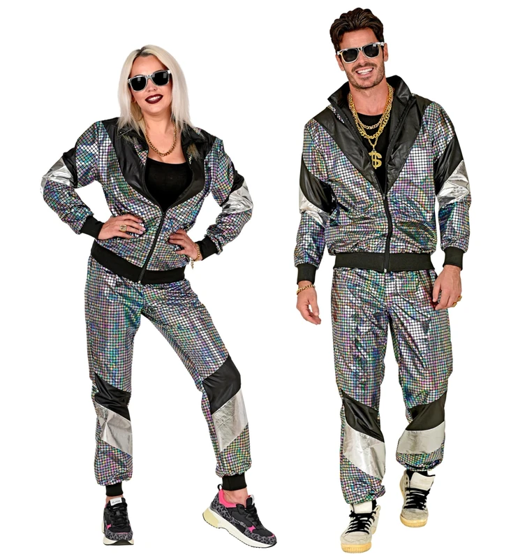 W WIDMANN MILANO Party Fashion - 80s Disco Style Jumpsuit Adult Unisex, 90s, Rap, Hip-Hop, Trap, Carnival, Theme Parties, Size S, Silver