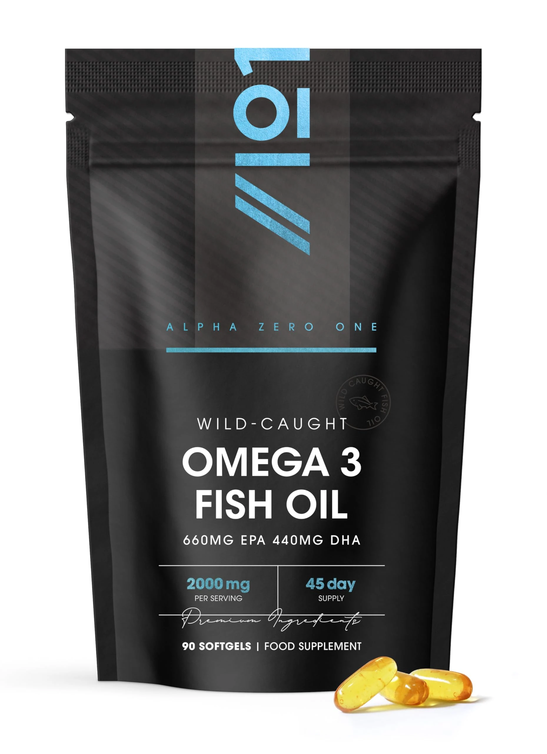 Omega 3 Wild-Caught Fish Oil 2000mg - 660mg EPA 440mg DHA - 90 Softgels - No Additives — Resealable and Recyclable Pouch by Alpha01