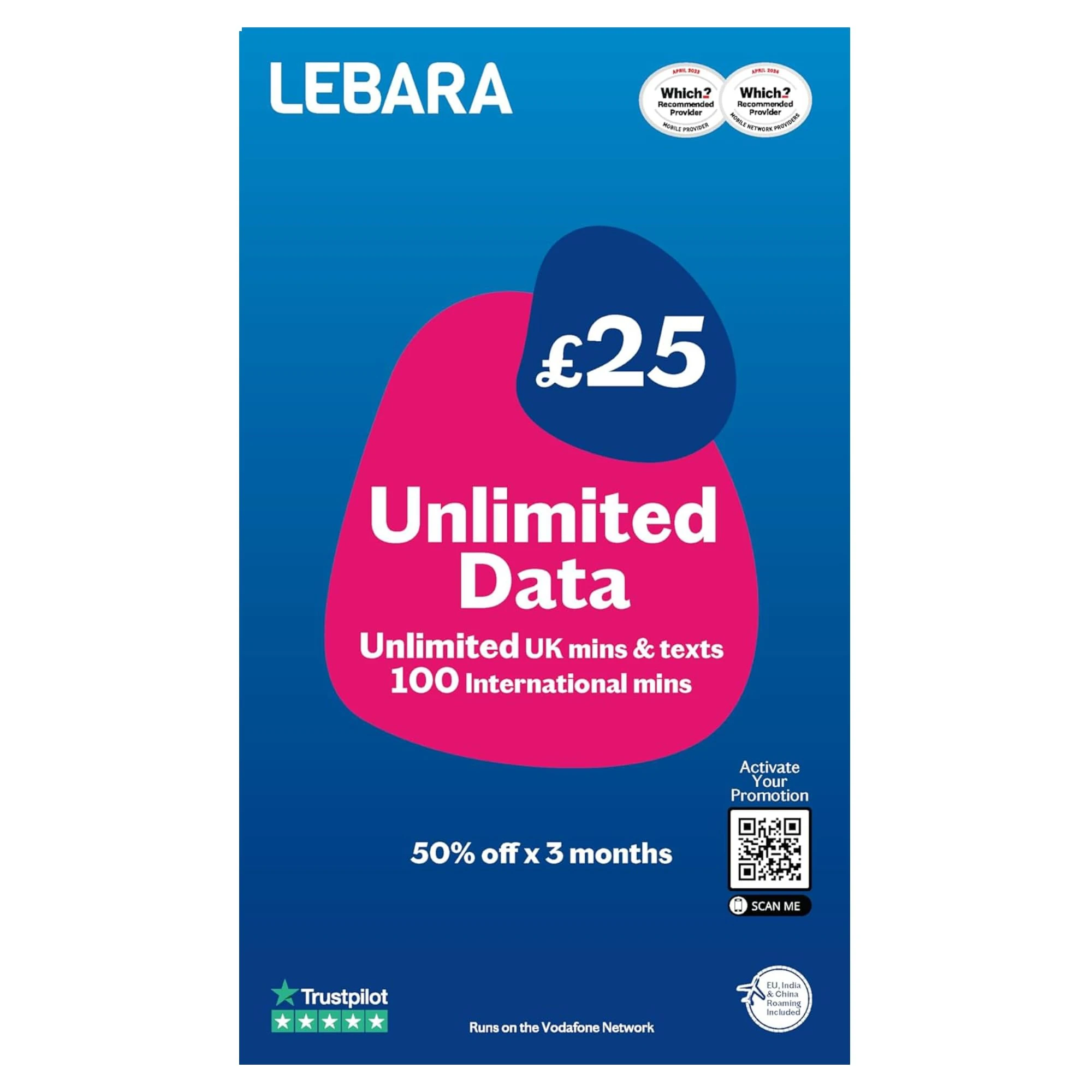 Lebara SIM Card: Unlimited Data for £12.50, Half Price for First 3 Months, No Contract, UK Calls, UK Texts and International Calls Included, Multi-size, Fits All Devices