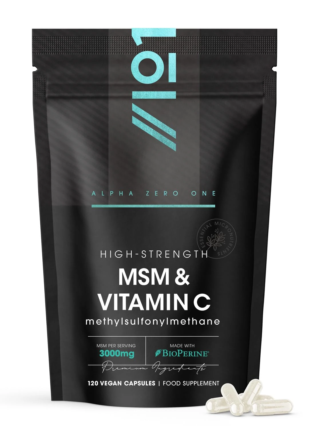 MSM 3000mg with Vitamin C & BioPerine® - 120 Vegan Capsules – Supports Collagen Formation – for Healthy Skin - High Potency Methylsulfonylmethane – by Alpha01
