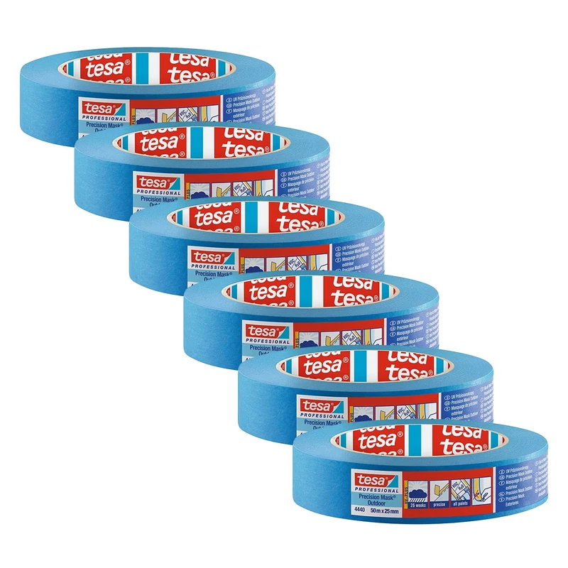 tesa Precision Masking Tape 4440 Outdoor UV-PLUS Painter's Tape - Pack of 6 - Weather-Resistant Masking Tape for Outdoor Use - for Precise Masking and Covering - Blue - 50 m x 25 mm Each