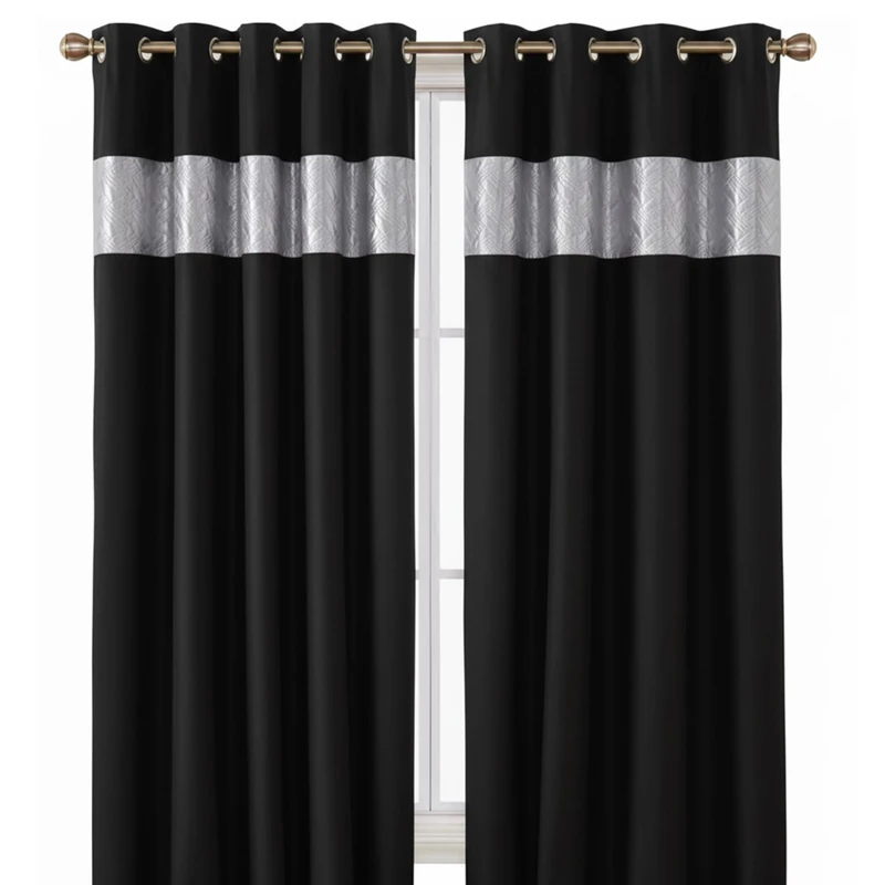 Rapport Home Capri Black Silver Eyelet Curtains Pair - 66" W x 72" D (132" Total Width) - Thermal Room Darkening Polyester Drapes for Bedroom Living Room