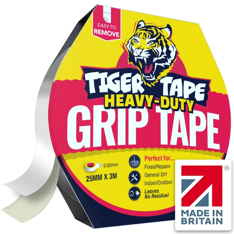 Tiger Tape® UK Made. Thick, Strong Double Sided Sticky Tape. Heavy Duty, Removable, No Residue No Mess. Works on anything - Rugs, Woods, Brick, Glass. Sticky Gripper Tape. Mount, Grip, Hold.