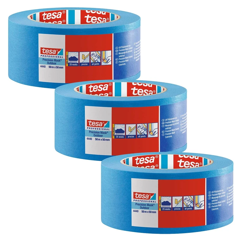 tesa Precision Masking Tape 4440 Outdoor UV-PLUS Painter's Tape - Pack of 3 - Weather-Resistant Masking Tape for Outdoor Use - for Precise Masking and Covering - Blue - 50 m x 50 mm Each