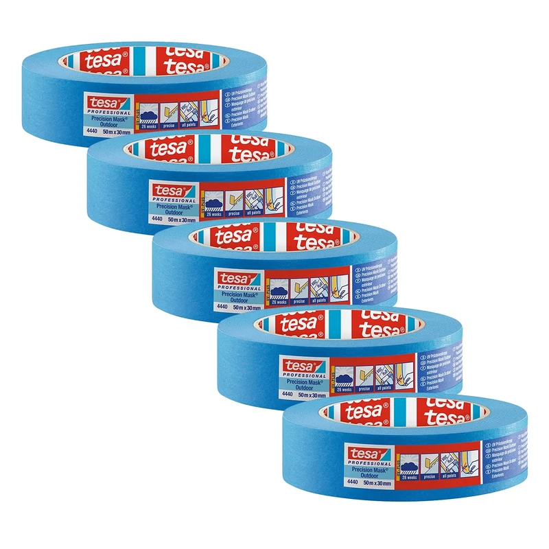 tesa Precision Masking Tape 4440 Outdoor UV-PLUS Pack of 5 Weatherproof Painter's Masking Tape for Outdoor Use for Precise Masking and Covering Blue 50 m x 30 mm Each