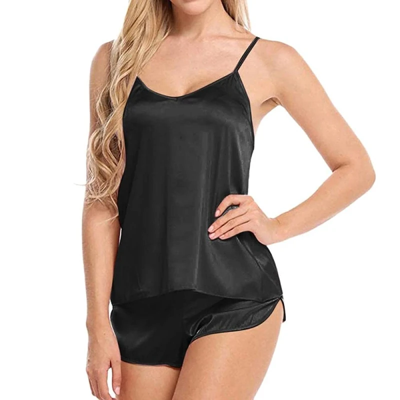 Women's Erotic Baby Dolls Women Lace Sexy Pajama Sleepwear Straps Sleeveless Satin Nightgown Lingerie Set-4_M