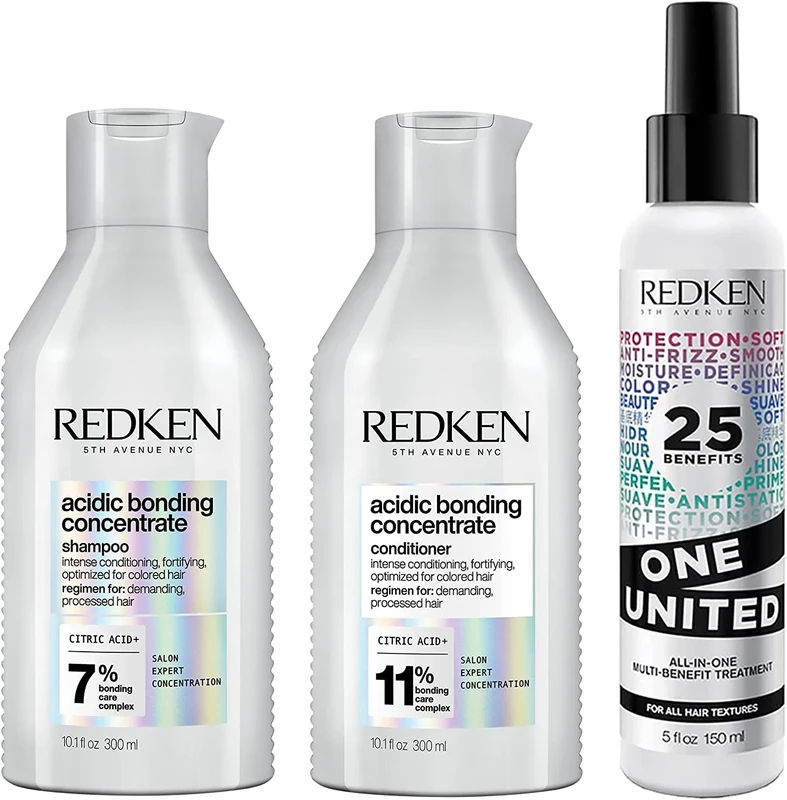 REDKEN Ultimate Bonding Bundle, Acidic Bonding Concentrate Shampoo and Conditioner 300 ml & One United 25 Multi-Benefits Leave In Conditioner and Treatment Spray 150 ml, The Ultimate Three Step Bundle to Stronger-Looking Hair