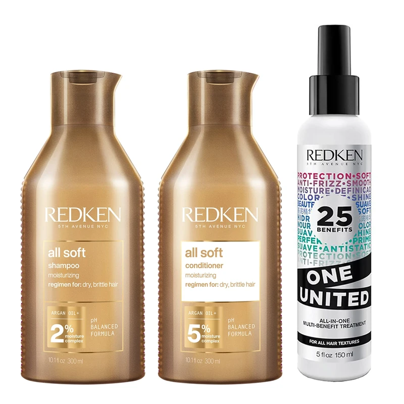REDKEN All Soft Shampoo and Conditioner 300 ml Set, for Dry Hair, Nourishing and Softening, with One United 25 Multi-Benefits Leave In Conditioner and Treatment Spray 150 ml, Trio Routine