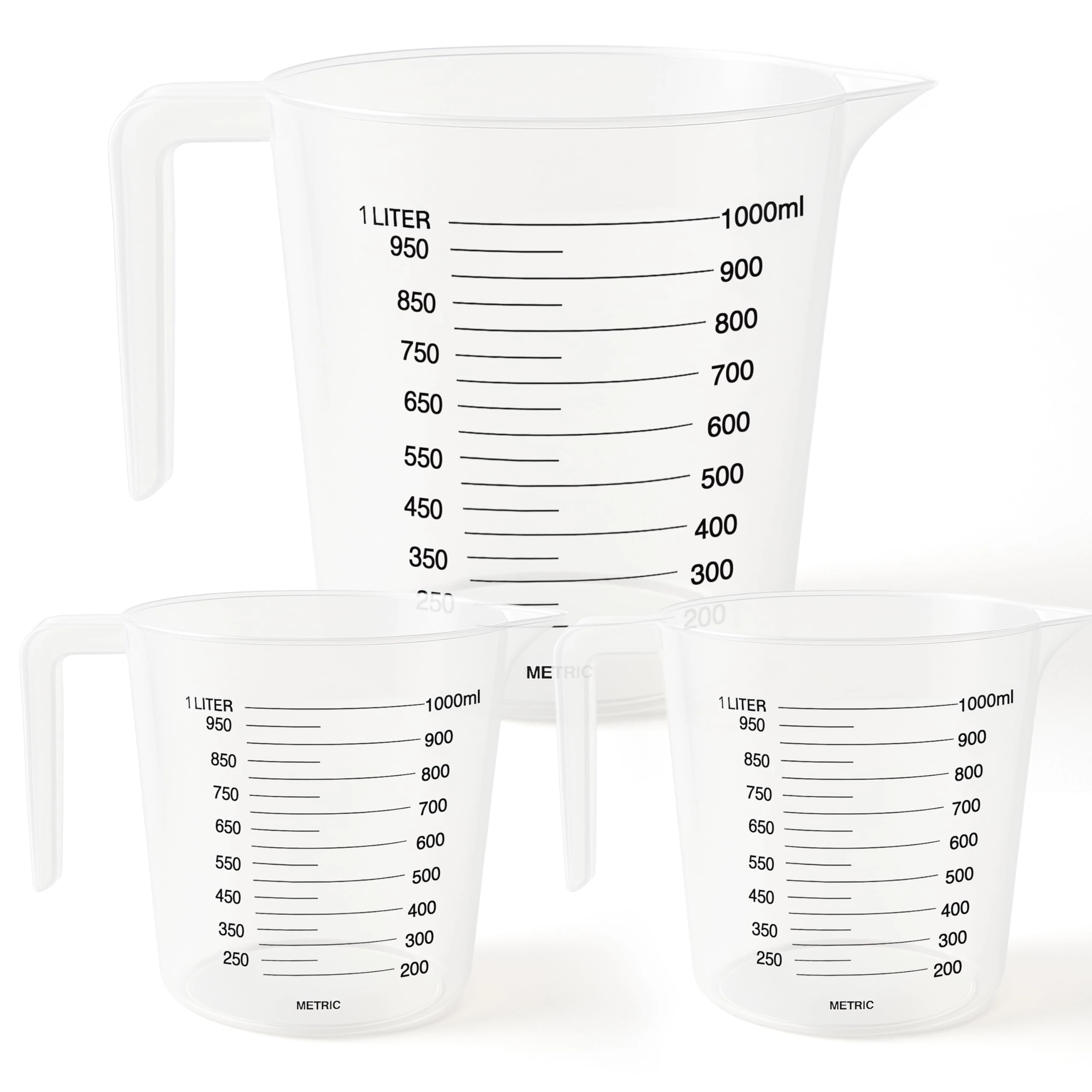 SOL 3pk Plastic Measuring Jugs – 1 Litre Capacity with Clear Graduated Markings – Durable, Lightweight & Stackable Liquid Measuring Cups for Cooking, Baking, Mixing, Kitchen Prep & Easy Cleaning