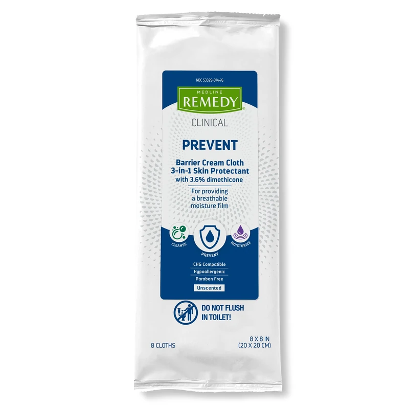 Medline Remedy Phytoplex 4-in-1 Barrier Cream Cloths with Dimethicone, All in 1 Wipe for Incontinence Care, Fragrance Free (8 Count, 32 Packs)