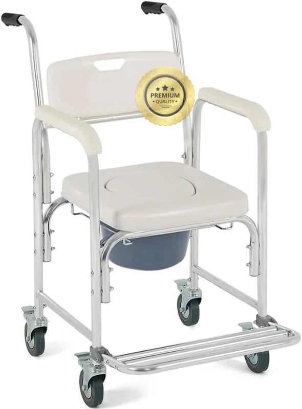 OrtoPrime Shower Chair with Wheels and Folding Footrests – 3 in 1 Commode Toilet Chair with Removable Pan – Portable Shower Seat for Elderly and Disabled – Bathroom Aid Chair
