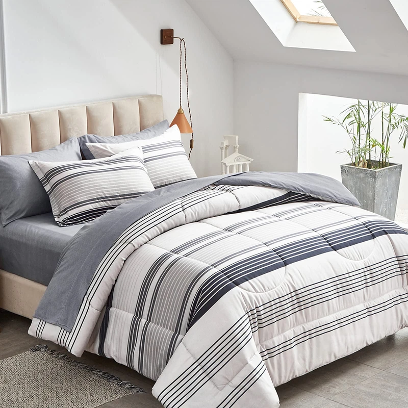 Flysheep Ombre Boho Striped Bed in a Bag 7 Piece King Size, Grey n Navy Black Stripes on White Comforter Sheet Set (1 Comforter, 1 Flat Sheet, 1 Fitted Sheet, 2 Pillow Shams, 2 Pillowcases)