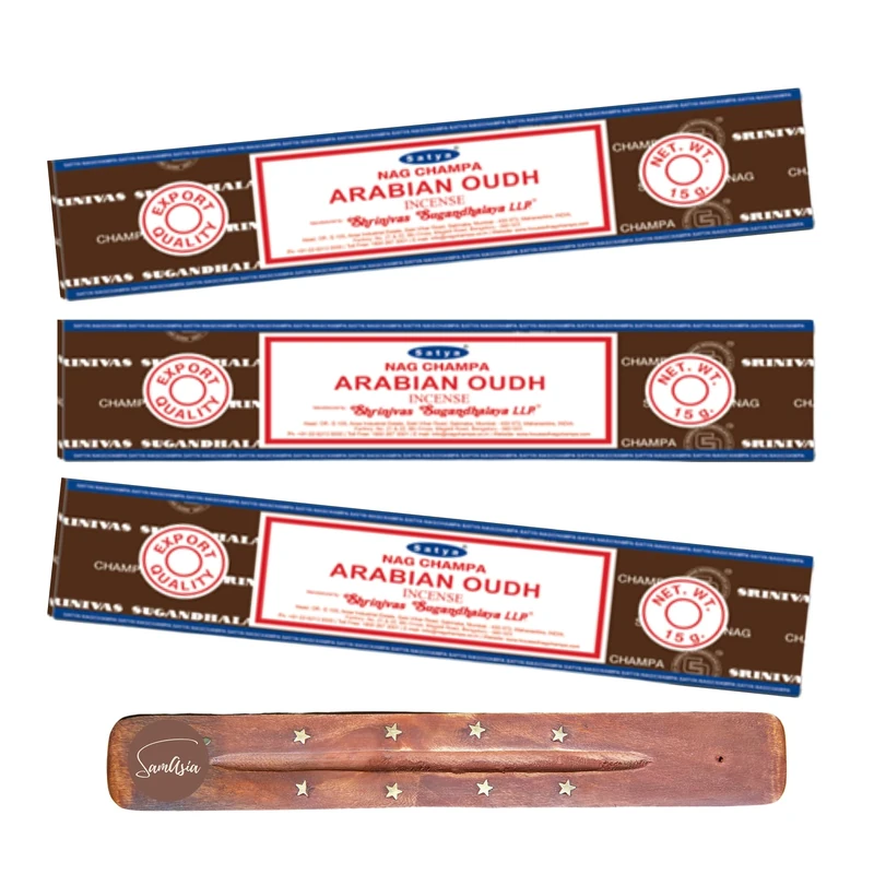 Satya Nag Champa Arabian Oodh Incense Sticks | x3 pack | with SAMASIA incense sticks holder | Used for Aromatherapy, Spa, Yoga, Weddings, Meditation, Healing, Positivity and Relaxation